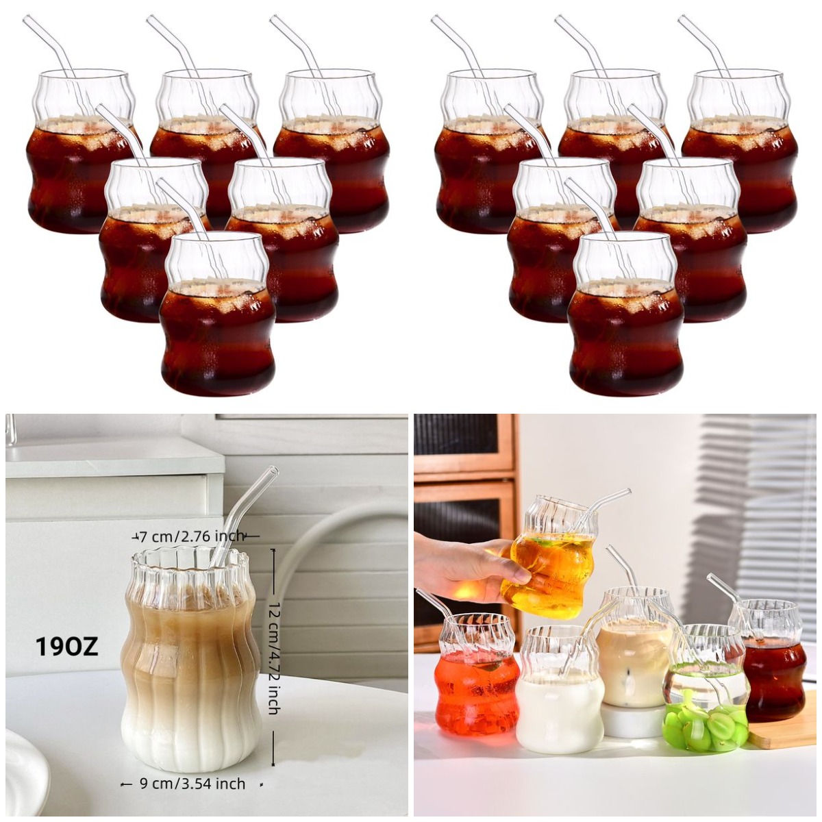 Coffee Tea Set - 6 Pcs 19oz Glass Coffee Cup