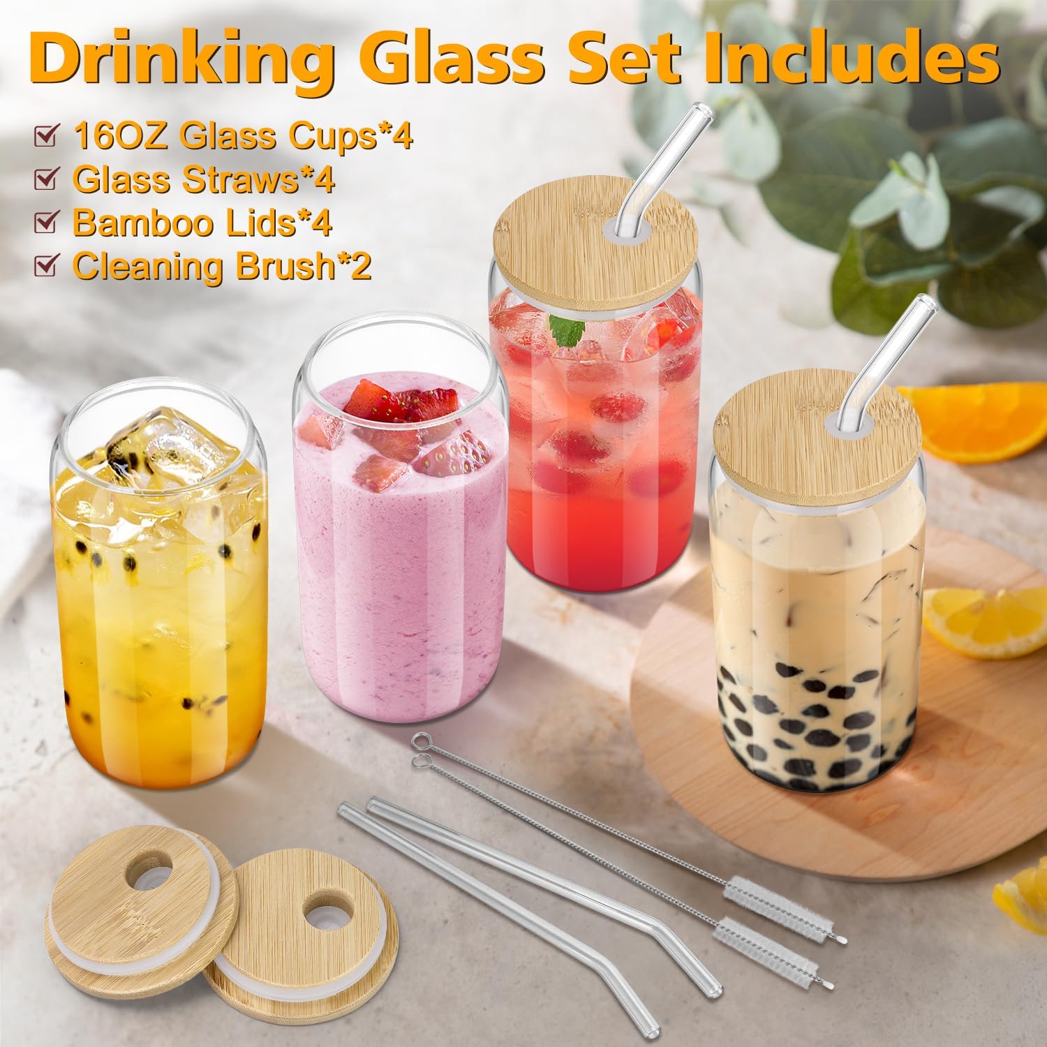 16oz Glass Cups with Bamboo Li - مراجعة Coffee Tea Set وسعره